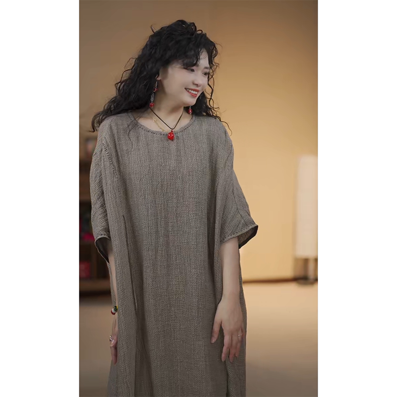 YIMIAN  素雅浪漫高定设计款色织粗麻手工缝线慵懒感连衣裙26102