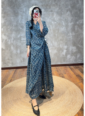 YIMIAN 慵懒随性苎麻斜襟系带小众设计款宽松遮肉V领连衣裙26051