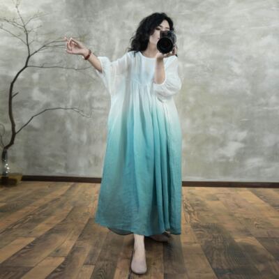 仙气连衣裙苎麻渐变圆领