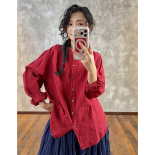 YIMIAN 浪漫邂逅早春高级亚麻减龄气质花边领成衣染色上衣26930
