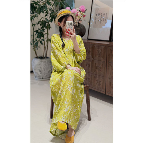 YIMIAN  “花开半夏”清新减龄苎麻V领灯笼袖宽松连衣裙291011