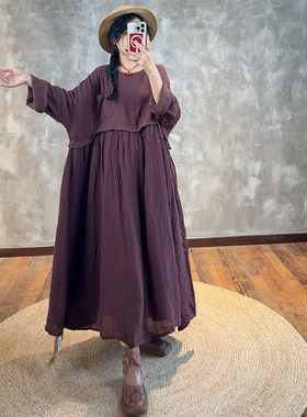 YIMIAN重磅亚麻高端简约文艺口袋设计款松弛感袍子连衣裙22972