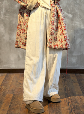 YIMIAN  复古高腰抽绳纯色休闲阔腿加棉百搭显瘦直筒裤子29296