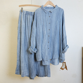 YIMIAN 2625264 清雅别致亚麻纯色褶皱肌理高级感气质显瘦套装