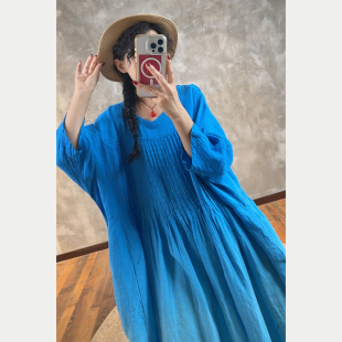 YIMIAN 亚麻成衣染渐变吊染重工定制压褶连衣裙23264