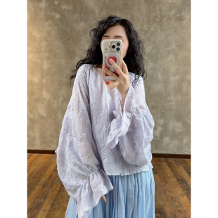 系绳上衣2767 浪漫文艺雅致刺绣V领灯笼袖 春日约法式 YIMIAN