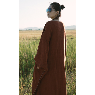 YIMIAN 高定方格粗麻手工缠线撞色盘扣宽松禅意松弛感连衣裙2098