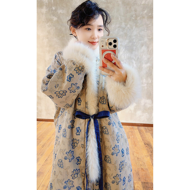 YIMIAN  东方雅致婉冬温柔时髦毛领拼接系绳玉兰花长款棉衣625703,女装/女士精品,棉衣/棉服,淘宝优惠券,粉丝福利购,淘宝优惠卷