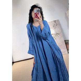 松弛感高贵显瘦连衣裙2625269 湛蓝海洋 YIMIAN 时髦层次亚麻