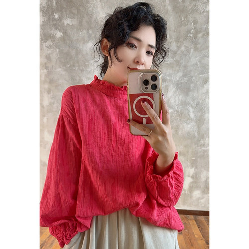 YIMIAN  时髦简约小众设计木耳领花边袖口柔软舒适上衣26081