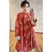 新年战衣斜襟系绳拼接毛领中长款 YIMIAN 福禄满满 棉衣2625666