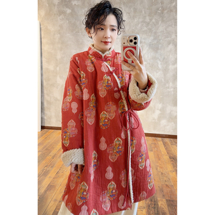 棉衣2625666 新年战衣斜襟系绳拼接毛领中长款 YIMIAN 福禄满满