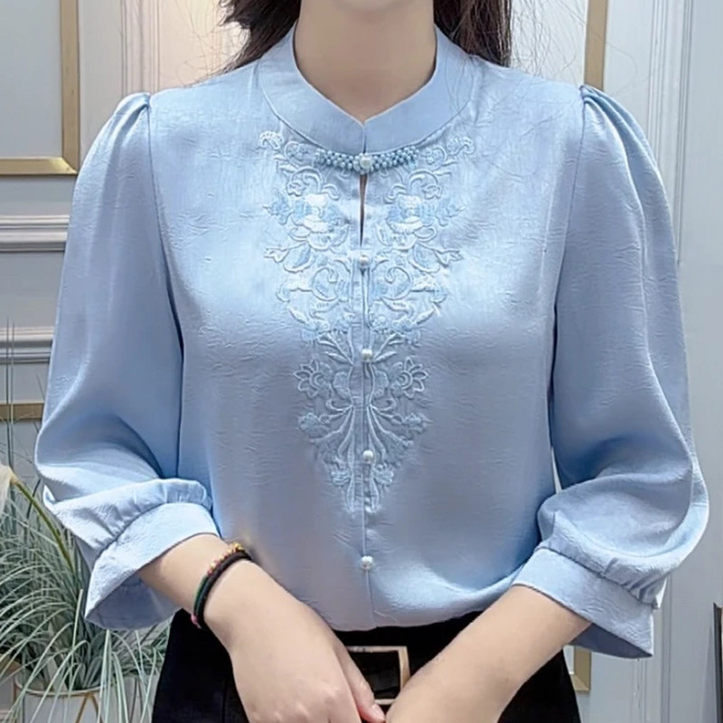 设计感小众刺绣七分袖衬衫女士上衣2025新款时尚显瘦百搭洋气T恤