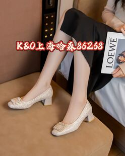 正品2025新款春夏款水钻女粗跟高跟鞋女浅口单鞋专柜品牌女鞋