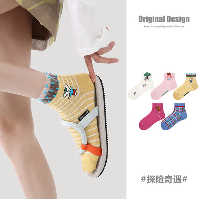 5双装春夏短筒女袜卡通插画探险奇遇透气网眼短袜棉薄款少女袜子