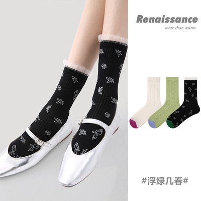 3双春夏花卉少女中筒袜透气甜美蕾丝花边薄款网眼运动文艺袜子女