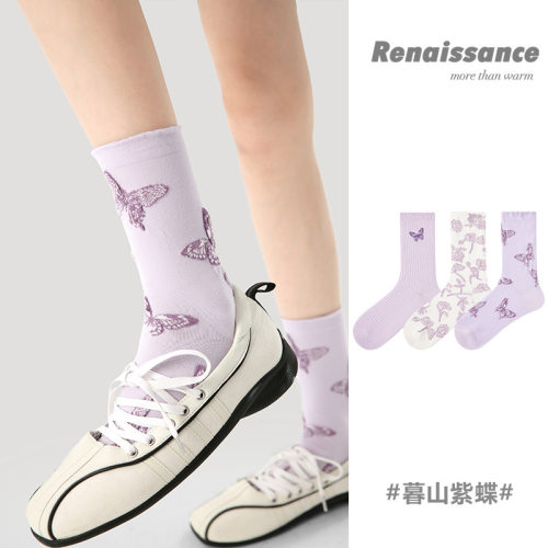 3双装春夏薄款原创女袜刺绣蝴蝶中筒袜精梳棉紫色百搭新中式袜子