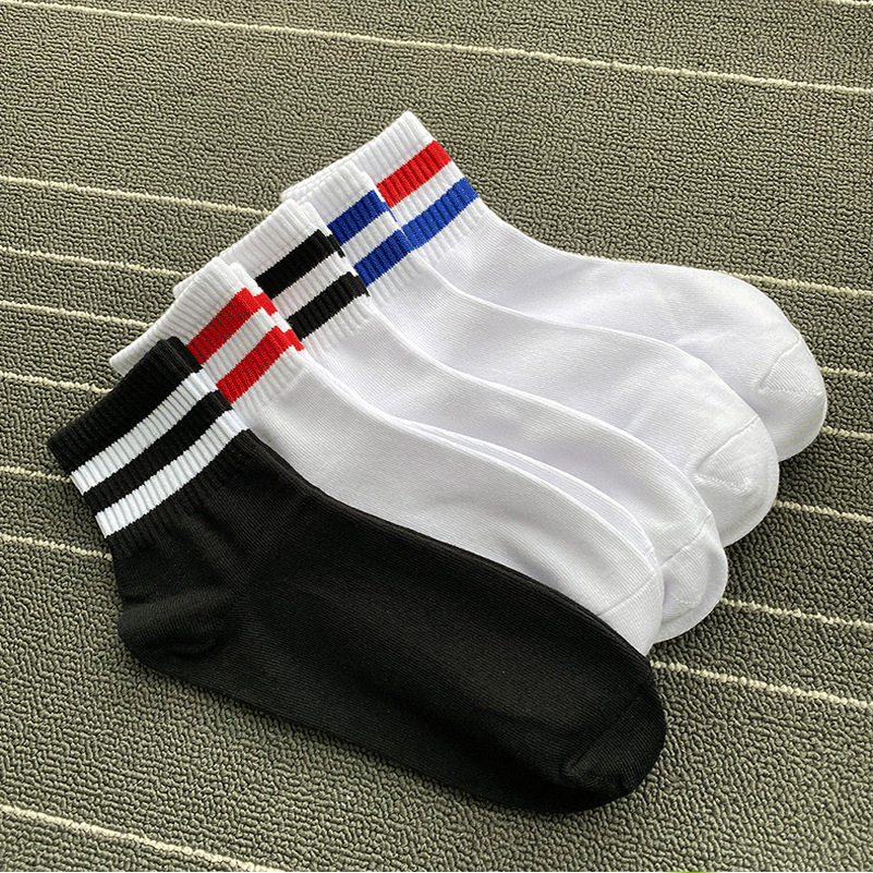 男女士两条杠纯棉运动风中筒袜简约黑白色春夏季条纹短袜透气吸汗