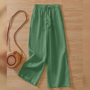 天丝抗皱棉麻裤 绿色亚麻阔腿裤 休闲垂感九分裤 2026新款 子 女夏薄款