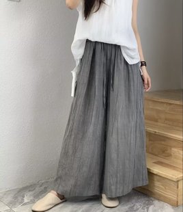 夏秋新款文艺轻薄款纯色苎麻阔腿裤女宽松百搭麻料长裤直筒裙裤子