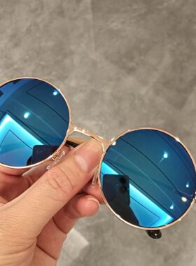 复古圆框墨镜男太子镜简约反光炫彩墨镜女弹簧腿防紫外线伴郎眼镜