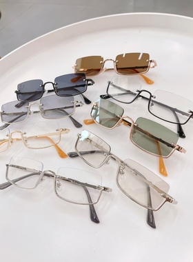 复古金属窄框方形太阳镜男女高级感镂空个性浅灰色墨镜防紫外线潮