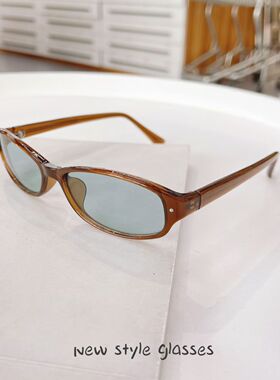 ins新款复古浅蓝色椭圆小框太阳眼镜男女高级感文艺墨镜防紫外线