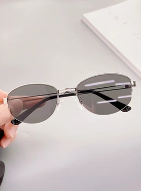 ins金属半框浅灰色墨镜女椭圆复古防紫外线太阳眼镜男显脸小遮阳