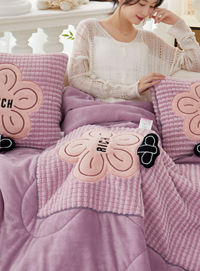 紫色花加绒抱枕被子两用加厚车载靠垫沙发靠枕宿舍办公室午休盖毯