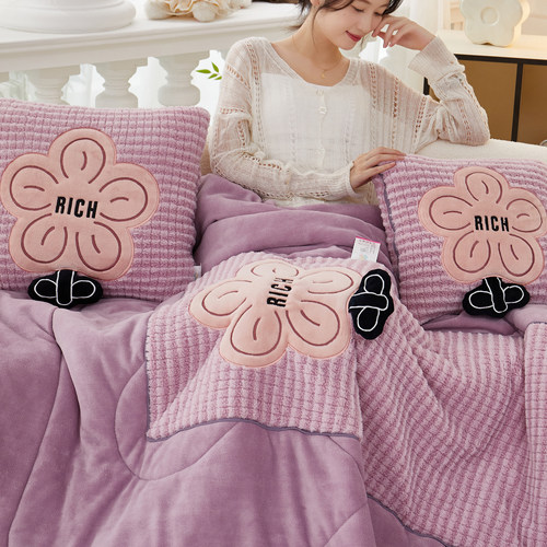 紫色花加绒抱枕被子两用加厚车载靠垫沙发靠枕宿舍办公室午休盖毯