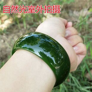 和田色玉碧绿帝王绿色手镯加宽加厚轮胎玉石手镯女手镯送妈妈礼物