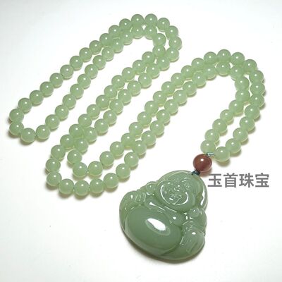 晴水绿佛公项链仿真和田玉玉石大佛带玉珠链子佛头吊坠弥勒佛挂件