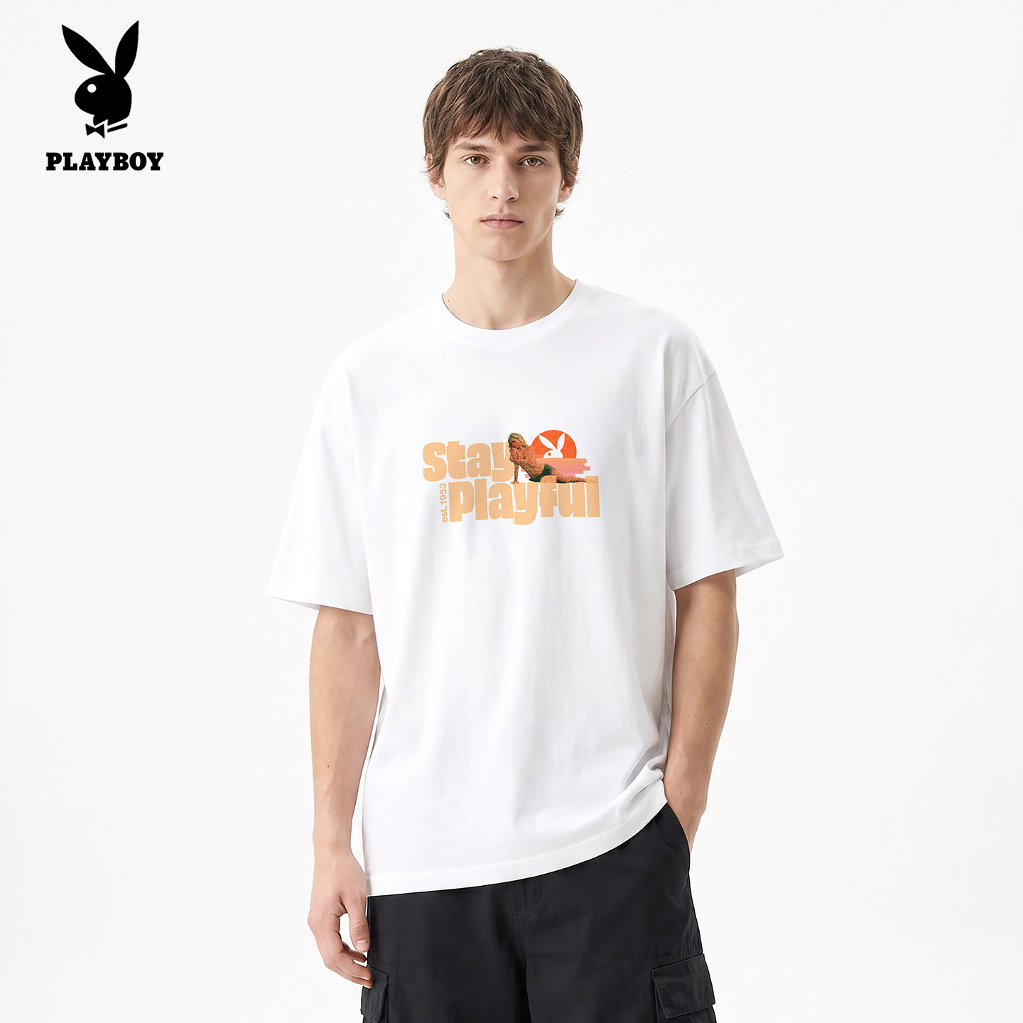 PLAYBOY/花花公子2026新款春夏纯棉印花圆领白色短袖T恤上衣男