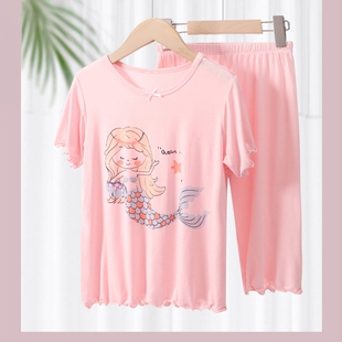 睡衣睡裤 女童春夏季 短裤 儿童冰丝莫代尔短袖 亲子中大童 家居服套装