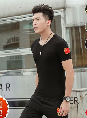 中国CHINA爱国t恤黑色夏季男士修身剌绣五星红旗上衣运动短袖潮t