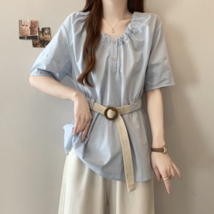 大码女装2026夏季新款设计感小清新纯色衬衣百搭小衫配腰带上衣女