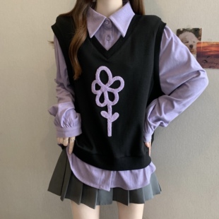 胖MM假两件花朵刺绣衬衫大码女装2026春秋新款宽松减龄叠穿上衣女