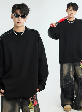 美式高街黑色长袖t恤男款秋季潮牌拉链设计感卫衣圆领内搭打底衫