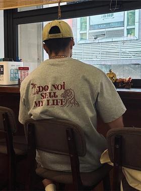 纯棉花灰色t恤男短袖宽松美式西海岸夏季新款休闲体恤衫圆领上衣