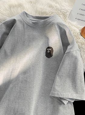 重磅灰色短袖男士夏季新款日系复古简约潮流纯棉大码宽松半袖体恤