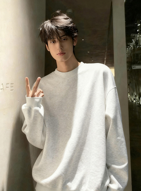 美式重磅白灰色加绒卫衣男款秋冬小领口长袖t恤基础款内搭打底衫