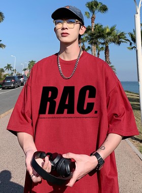 纯棉红色美式短袖t恤男士潮牌夏季复古潮流大码oversize男款衣服