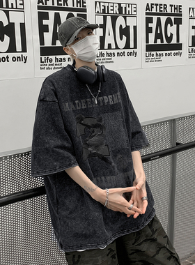 水洗做旧纯棉短袖t恤男夏季美式复古欧美街头潮牌大码暗黑系半袖