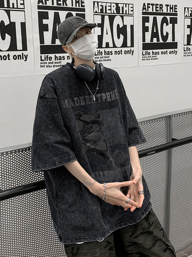 短袖欧美简约大码水洗做旧重磅