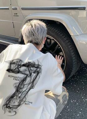 数字7暗黑系印花t恤男夏季美式复古痞帅炸街短袖重磅情侣半袖体恤