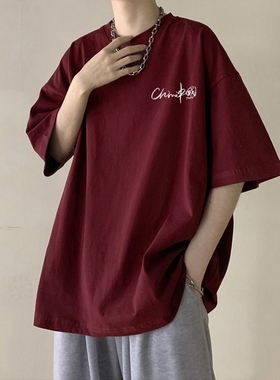 国潮牌纯棉短袖T恤男生夏季高街小众半袖上衣宽松学生酒红色体恤