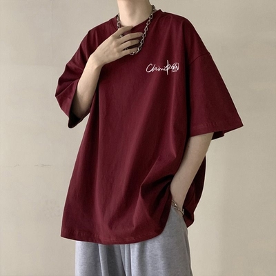 国潮牌纯棉短袖T恤男生夏季酒红