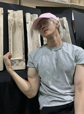 灰色cleanfit男生短袖夏季美式小领口重磅t恤正肩显肌肉健身半袖