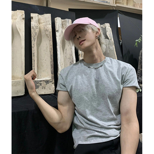 灰色cleanfit男生短袖夏季美式小领口重磅t恤正肩显肌肉健身半袖