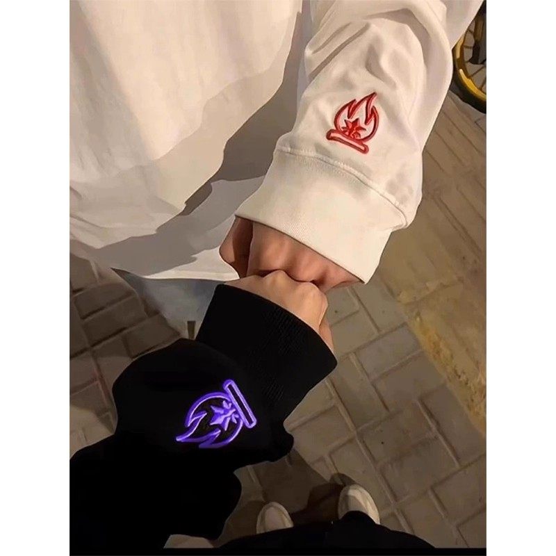 小火苗刺绣长袖t恤男女款秋季美式高街卫衣情侣圆领内搭打底衫